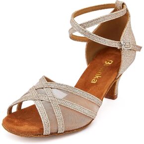 Women Ballroom Latin Salsa Gold Glitter Dance Shoes Suede Sole Open Toe 2 2.5 3 Inch Heel