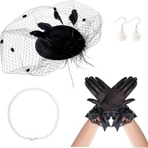 4 قطع قبعة fascinator للنساء حفلة الشاي تشمل القبعات القفازات شبكية قرط قلادة