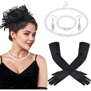 5Pcs 1920s Fascinator Hats for Women Tea Party with Black Feather Mesh Veil Headband Pearl Jewelry Gloves