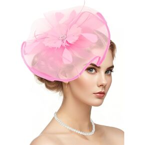 YARIEW 2025 Fascinators Hats for Women, Pearl Necklace for Women Tea Party Hats Feather Fascinator Headband for Wedding, Tea Party, Cocktail Dress Outfits Pink