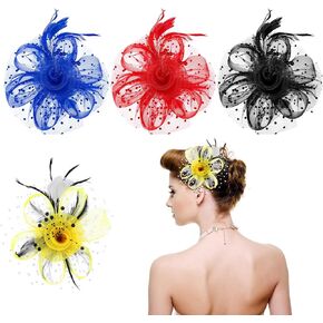 4 Pieces Fascinators Hats for Tea Party Women Girls Flower Feathers Mesh Hat for Cocktail Party Church Wedding ﻿ Colorful
