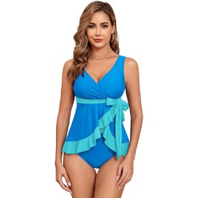 ZAFUL Women's Two Piece Ruffled Tummy Control Swimsuit Side Tie Tankini Swimdress V-Front Wrap Detailing Swim Skirt