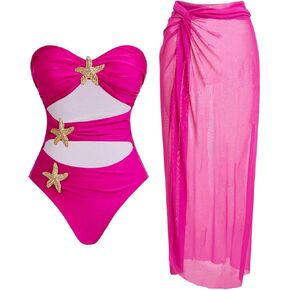 WDIRARA Women's Metallic Starfish Cut Out Strapless Bandeau Swimsuit with Cover Up Skirt 2 Piece Bathing Suit