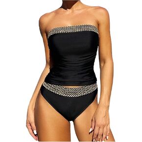COZYEASE Women's 2 Piece Woven Splice Tankini Swimsuits Ruched Strapless Bandeau Bathing Suit Beachwear