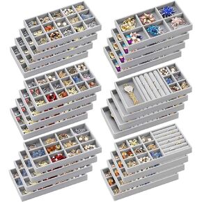 24 PCS قابلة للتكديس صواني المجوهرات المخملية منظم المجوهرات الدرج إدراج مجوهرات تخزين العلبة مقسمة حاويات تخزين المجوهرات صواني للحلقات قلادات سوار بروش (رمادي)