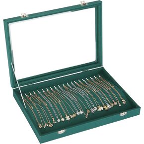 20 Hooks Velvet Necklace Organizer Box ، علبة صينية عرض المجوهرات مع غطاء واضح لقلادة سوار القلادة ، صندوق حامل تخزين القلادة للاستخدام المنزلي أو عرض بيع المتجر (أسود)