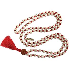 Tulsi Mala Beads Holy Basil Japa Mala Ram Mala W/ 5 Mukhi Rudrakha 5 Face Rudraksh 108 صلاة حبات تنشيط للترديد تعويذة 7 شقرا مالا بألوان زرقاء حمراء ثنائية ث/ حقيبة (حمراء)