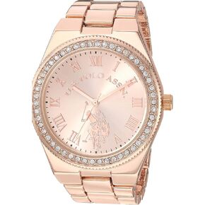 U.S. Polo Assn. Women's Rose Gold Watch with Roman Numerals and Crystal Bezel Accent – Elegant Analog Quartz Timepiece with Polished Link Bracelet Fits Wrists 5.5"-8"