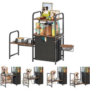 Dog Feeding Station with Dog Storage Organizer & Anti-Slip Mats, Elevated Dog Bowls for Wall Mount, 7 Height Adjustable Raised Dog Bowl Stand for Small to Large Dogs, Rustic Brown