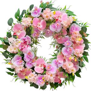 22 Inch Spring Summer Wreaths for Front Door,Artificial Floral Decoration Wreath with Pink Phalaenopsis Hydrangea Leaves for Home Wall Window Easter Wedding Valentine Party Indoor Outdoor Decor