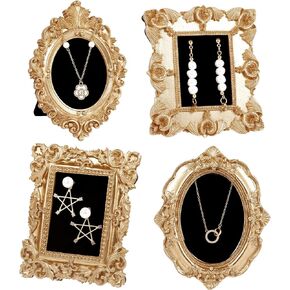 4 Pcs Mini Vintage Jewelry Display Tray Baroque Style Jewelry Photography Props Gold Picture Frame Organizer Display Stand with Velvet Backing Necklace Earring Frame for Women Gift Wedding