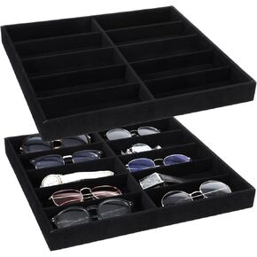 Sunglasses Organizer Storage Tray 10 Grids Eyewear Watch Holder Display Stackable Ice Velvet Tray Women(Black,2 Pcs)