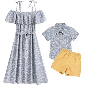 AWIBMK Mom and Son Matching Outfits Floral Polka Dot Off-Shoulder Dress Boys Button Shirt Tops and Shorts Mother Son Outfits