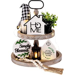10 PCS Farmhouse Tiered Tray Decor Rustic Wooden Home Decor Wood Bead Garland Sweet Wooden Sign with Lugfulents Plants Mini Candle Lantern for Farmhouse Home Kitchen (Tray غير مدرج)