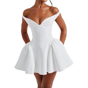 Azhong Women's Summer Sexy v Neck Offtiter Counter Wedding Mini Dresses A Backless a Line Puffy Em Prom Party Party