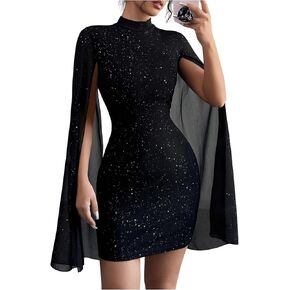 SOLY HUX Women's Glitter Bodycon Mini Dress Cloak Long Sleeve Mock Neck Cocktail Party Dresses