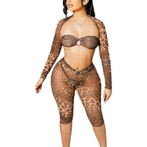 Club Outfits for Women Sexy Clubwear 3 Piece Y2K Stretchy See Through Cheetah Print Outfit for Women Going Out 2025