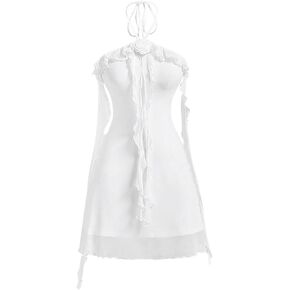 SOLY HUX Women's Summer Dresses Halter Bodycon Irregular Ruffle Trim 3D Flower Cami Mini Party Club Dress