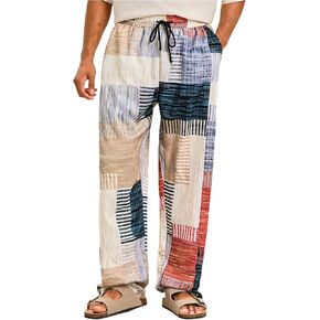 GORGLITTER Men's Patchwork Linen Pants Casual Drawstring Elastic Waist Wide Leg Summer Vacation Beach Pants