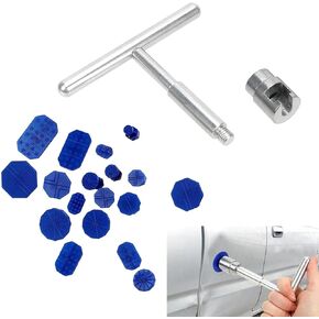 Pack-19 Car Dent Repair Kit, T-bar Puller + Suction Cup Body Dent Hail Damage Repair Tool, Dent Separator Damageless Manual Pull Rod, Universal for Cars Repair Accessories (Blue & Silver)