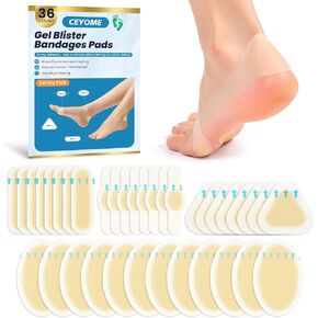 Hydrocolloid Bandages Blister Bandages for Feet - 36 ct Water Resistant Gel Blister Pads Blister Cushions for Toe, Heel- Blister Prevention & Recovery Pads - Variety Pack