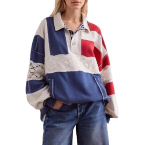 Kedera Women Oversized Sweatshirt Color Block Long Sleeve Polo Shirt Casual V-Neck Stripe Patchwork Lace Pullover Top