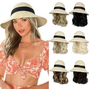 Sun Hat with Hair Extensions Hat Wig UPF 50+ Foldable Wide Brim Straw Beach Hat Attached 9" Wavy Hairpiece Synthetic for Women Summer Light Brown Mix Ash Blonde