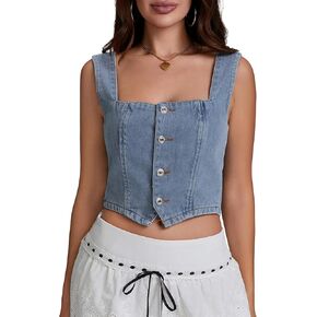 Women Y2K Button Down Denim Vest Sleeveless Denim Crop Top Jean Waistcoat Vest Jean Corset Bustier Summer Streetwear