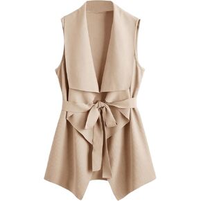 MakeMeChic Women's Open Front Long Vest Waterfall Collar Sleeveless Belted Work Jacket Outerwear