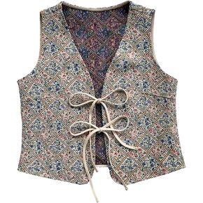 GORGLITTER Women's Floral Embroidered Vest Tops Boho Vintage Sleeveless Tie Front Cardigan Waistcoat