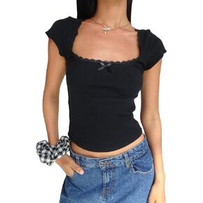 Womens E-Girls Short Sleeve T-Shirt Y2k Lace Trim Crop Tops Crewneck Fairy Grunge Tee Tops Aesthetic Summer Clothes