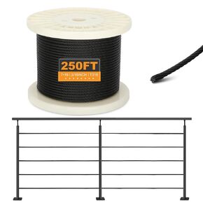 Thickened Black 3/16" Stainless Steel Cable, 250ft Wire Rope, 7X19 Strands Aircraft Cable, 3700lbs Breaking Strength, Zip Line for Heavy Duty Applications, Deck Railing, String Lights & Yard Zipline
