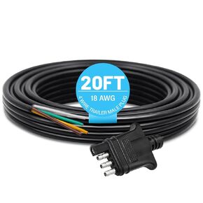 MECMO 4 Way Trailer End Connector Wire 20 Feet Jacketed Cable, Heavy Duty 18AWG Color-Coded Copper Trailer-Side Male End 4 Pin Flat Trailer Hitch Wiring Harness Utility Boat Trailer Light Plug 20ft