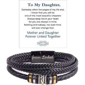 Mother and Daughter Forever Linked Together Braided Leather Bracelet, Inspirational Wristband for Women Stainless Steel Infinity Knot Engraved Leather Bangle Daughter Gift from Mom