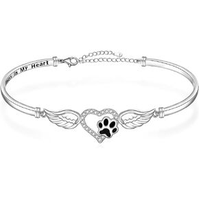 Paw Print Bracelet 925 Sterling Silver Dog Cat Paw Prints Bracelets Bangle Always in My Heart Bracelets for Women Angel Wings Memorial Dog Mom Lover Gifts