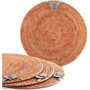 Vagabond House Round Wicker Placemats with Pewter Orchid Accent, Set of 4, 15.5 Inches Diameter - Hand-Woven Rattan, Elegant and Durable, Perfect for Enhancing Table Decor and Protection