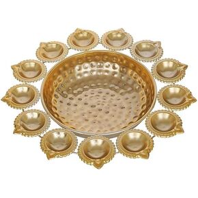 Diya شكل زهرة وعاء urli زخرفية للمنزل وعاء يدوي يدويا للزهور العائمة والشم شموع ضوء المنزل والمكتب والزخرفة ديكور ديوالي ديوالي للذهب الذهب (14 بوصة)