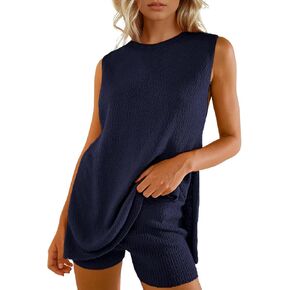 Wyeysyt Women's Summer Sweater Set Sleeveless Tunic Top and Shorts 2 Piece Outfits Beach Vacation Sets Tracksuits(Navy-M), Medium