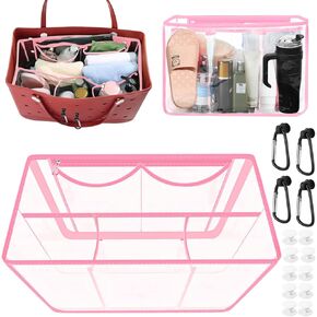 Large Bag Organizer Insert for Bogg Bags Clear Insert Pouch Compatible with Bogg Bag, Organizer Accessories for X Large Beach Bags, Organizing and Divide Space (Clear-Pink)