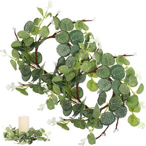 HOMSFOU 2Pcs Artificial Eucalyptus Leaves Candle Rings Wreaths Candle Holder Wreath Pillar Candlestick Holder Wedding Party Desktop Decoration (Green)