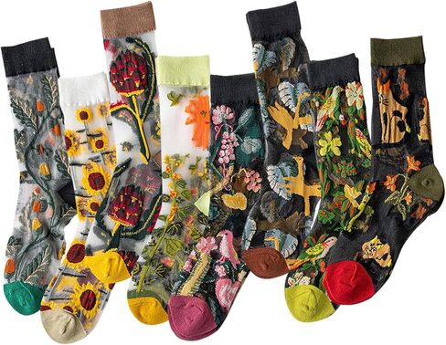 DXYAKY Women's Sheer Floral Embroidered Socks - Vintage Transparent Thin Mesh Crew Socks, Cute & Fashion Lace Aesthetic Ankle in Kuwait