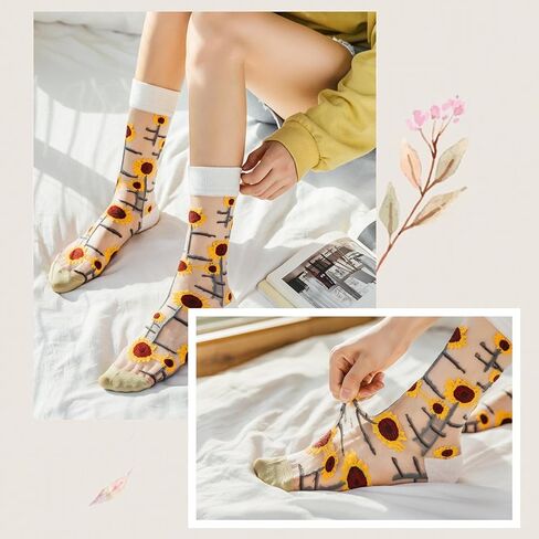 DXYAKY Women's Sheer Floral Embroidered Socks - Vintage Transparent Thin Mesh Crew Socks, Cute & Fashion Lace Aesthetic Ankle in Kuwait