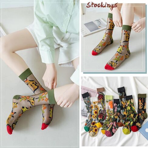 DXYAKY Women's Sheer Floral Embroidered Socks - Vintage Transparent Thin Mesh Crew Socks, Cute & Fashion Lace Aesthetic Ankle in Kuwait