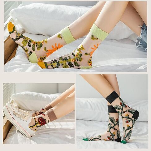 DXYAKY Women's Sheer Floral Embroidered Socks - Vintage Transparent Thin Mesh Crew Socks, Cute & Fashion Lace Aesthetic Ankle in Kuwait