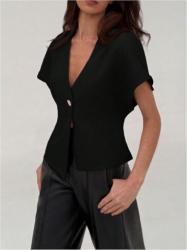MakeMeChic Women's V Neck Blazer Top Single Button Short Sleeve Plain Office Suit Blazers in Saudi Arabia
