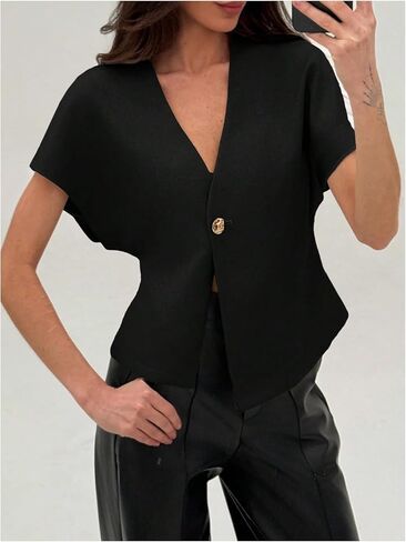 MakeMeChic Women's V Neck Blazer Top Single Button Short Sleeve Plain Office Suit Blazers in Saudi Arabia