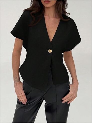 MakeMeChic Women's V Neck Blazer Top Single Button Short Sleeve Plain Office Suit Blazers in Saudi Arabia