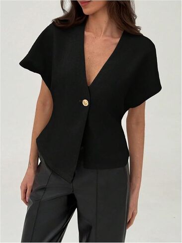MakeMeChic Women's V Neck Blazer Top Single Button Short Sleeve Plain Office Suit Blazers in Saudi Arabia
