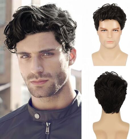 Swiking Mens Short Black Wigs Layered Fluffy Heat Resistant Natural Halloween Cosplay Hair Wig for Male Guy Cosplay Daily Use in Kuwait