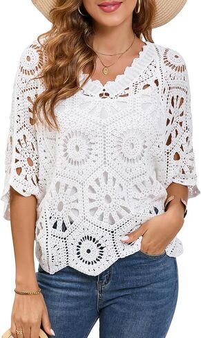Women's Crochet Tops Boho Hollow Out V-Neck Pullover Lace Cove Up in Saudi Arabia